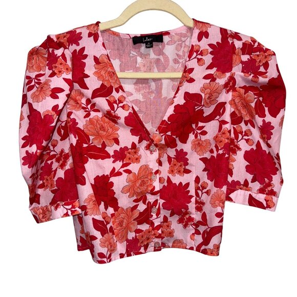 Lulus Floral Button-Up Blouse Crop Top Small V-Neck Short Sleeve Pink & Red - Picture 1 of 7